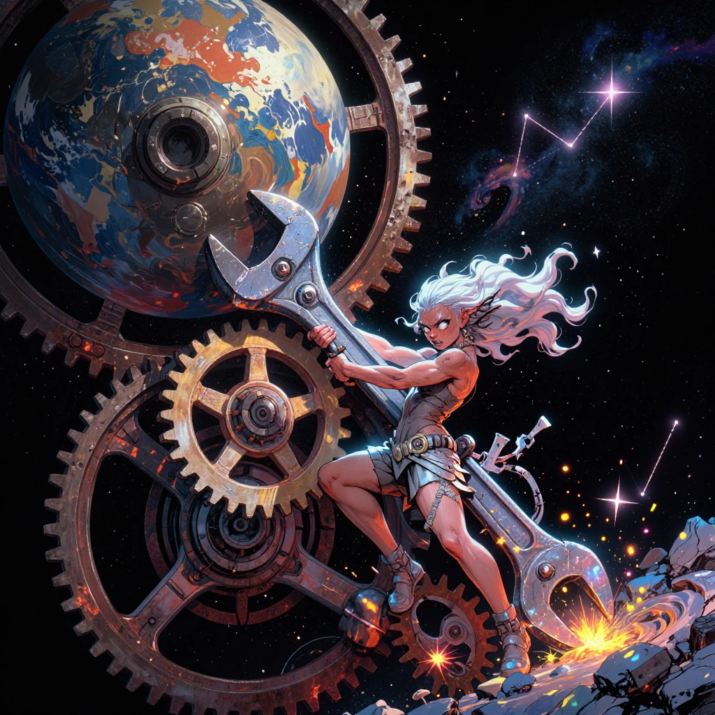 a tiny cosmic mechanic goddess, wild-eyed and fierce, straining against massive ornate wrenches as t…