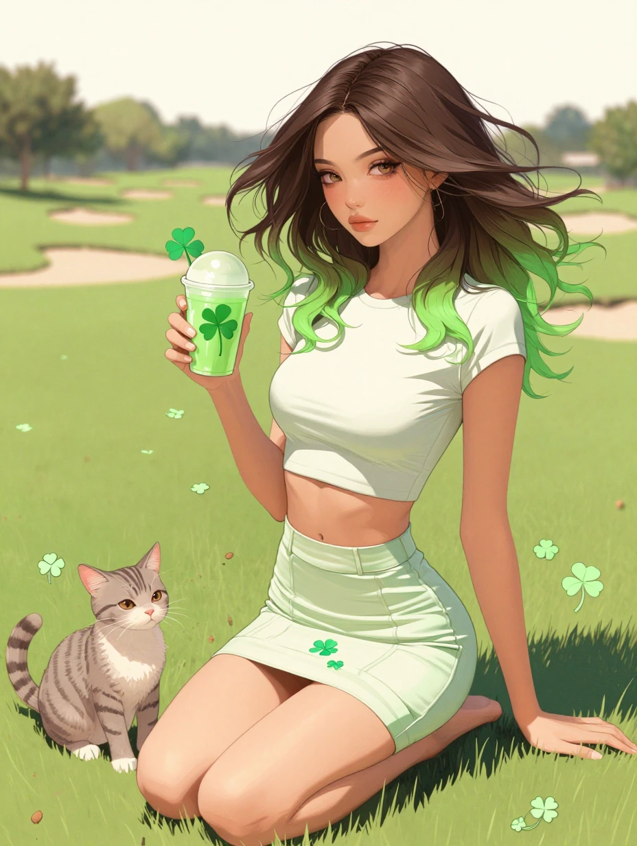 Woman, green brown ombre hair, with the cat on a golf course, windy day, miniskirt, crop top, green drinks, four leaf clovers, watercolor manga style