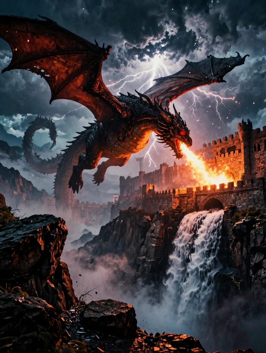 Create a high-resolution, dramatic 3D anaglyph image that requires red-cyan 3D glasses for viewing. The scene depicts a fierce, legendary dragon descending from a stormy night sky into an ancient, crumbling stone fortress perched on a cliffside. In t