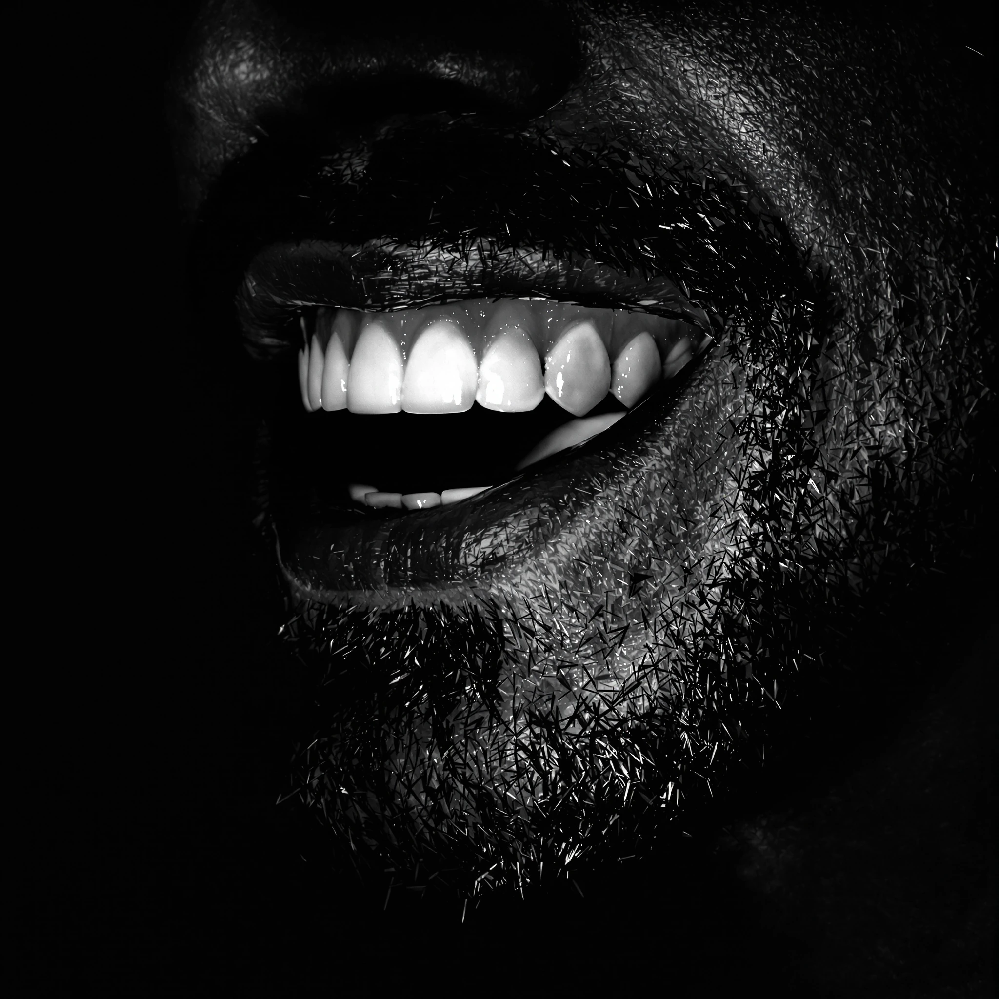 A hyper-realistic, high-contrast black-and-white macro portrait photograph capturing a fragmented, mysterious close-up of a man's lower face and neck. The composition is heavily cropped and asymmetrical, utilizing extreme negative space on the left s
