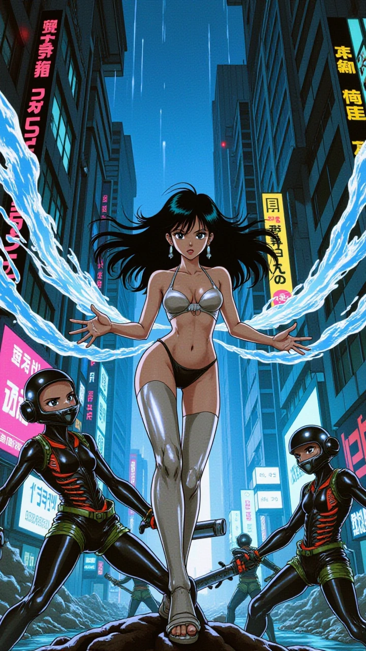 modern shonen anime, gritty contemporary style with sharp linework and raw texture, young woman with intense expression channeling turbulent water effects, dynamic water streams and elemental waves erupting from her hands with clean detailed anatomy,