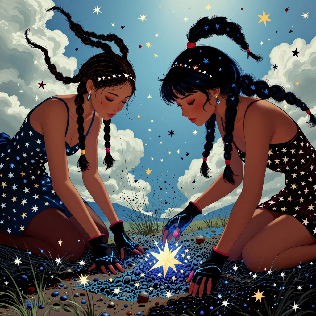 Gardner of dead stars…women with pig tail braids in a star struck cocktail dress and gardening gloves digging in the celestial chaos