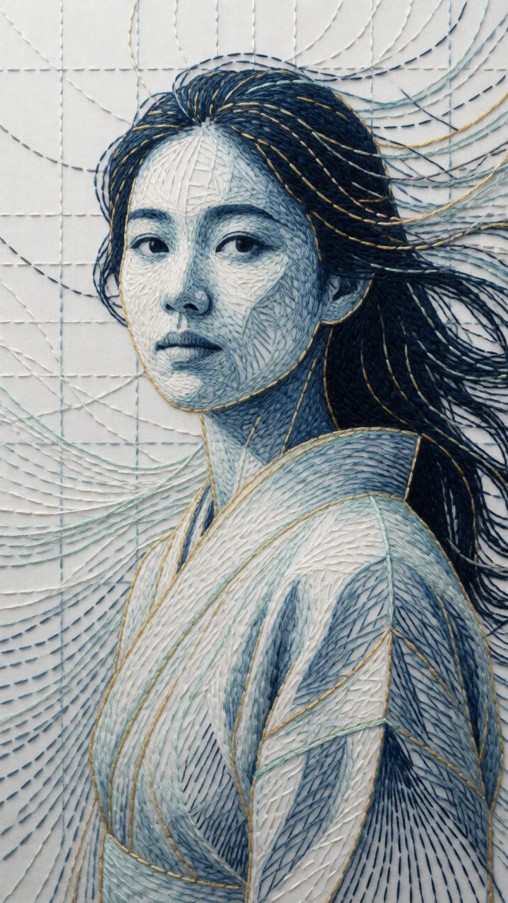A young woman's portrait rendered as indigo-and-white sashiko embroidery: her face and form constructed entirely of flowing geometric stitches that curve into wind-stream patterns radiating from her body. Gold and pale teal thread accents trace the c
