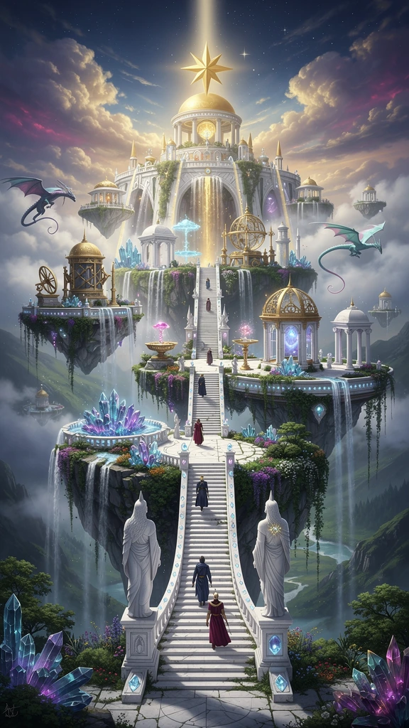 A breathtaking vertical fantasy landscape where an impossibly tall marble staircase rises from a tranquil valley into the heavens, disappearing among glowing clouds toward the First Star. Along the endless stairway stand floating terraces filled with