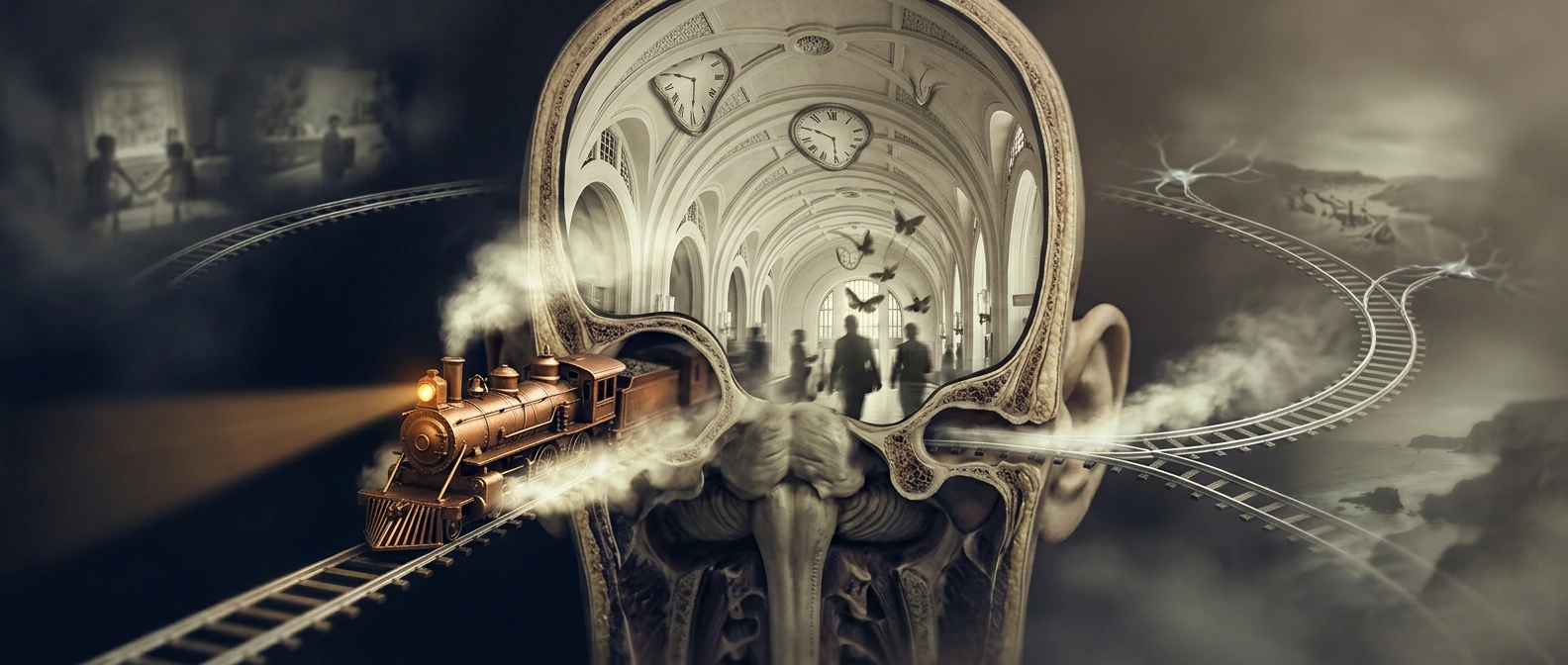 Anatomical cross-section of a human head in sepia tones, a vintage copper locomotive emerging from one ear canal trailing luminous steam, a grand art deco train station suspended where the brain should be—vaulted bone-white ceilings, melting clock fa