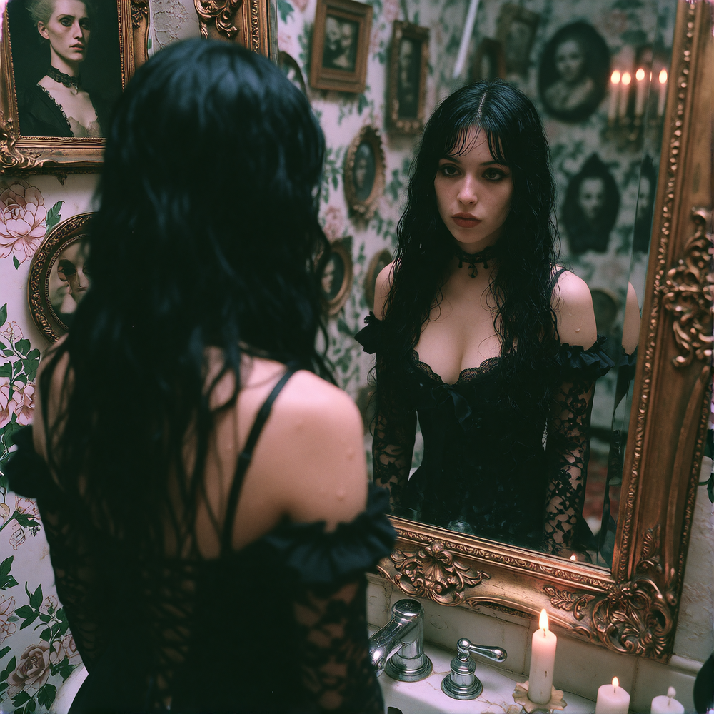 Gothic Girl with dark hair admires herself in a mirror