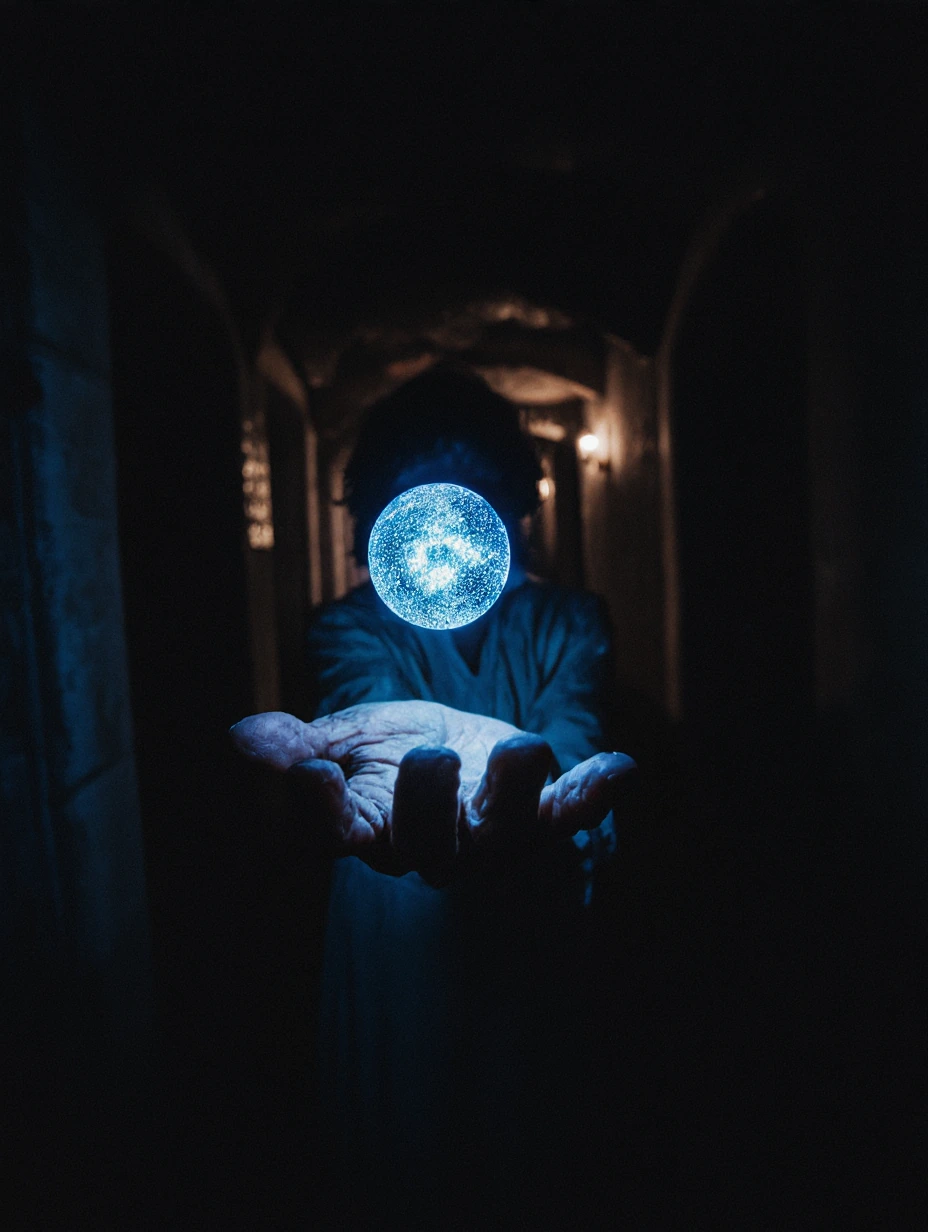 A close-up, detailed shot focusing on one wrinkled, aged left hand of an elderly woman, illuminated by a soft blue light emanating from her palm. She wears an old-fashioned nightgown, her face unseen as her hand is held slightly before her body, open