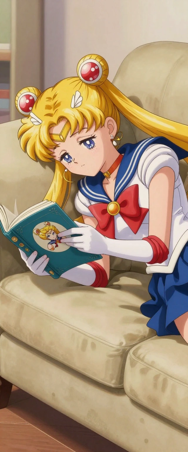 sailor moon bored laying on the couch reading a book