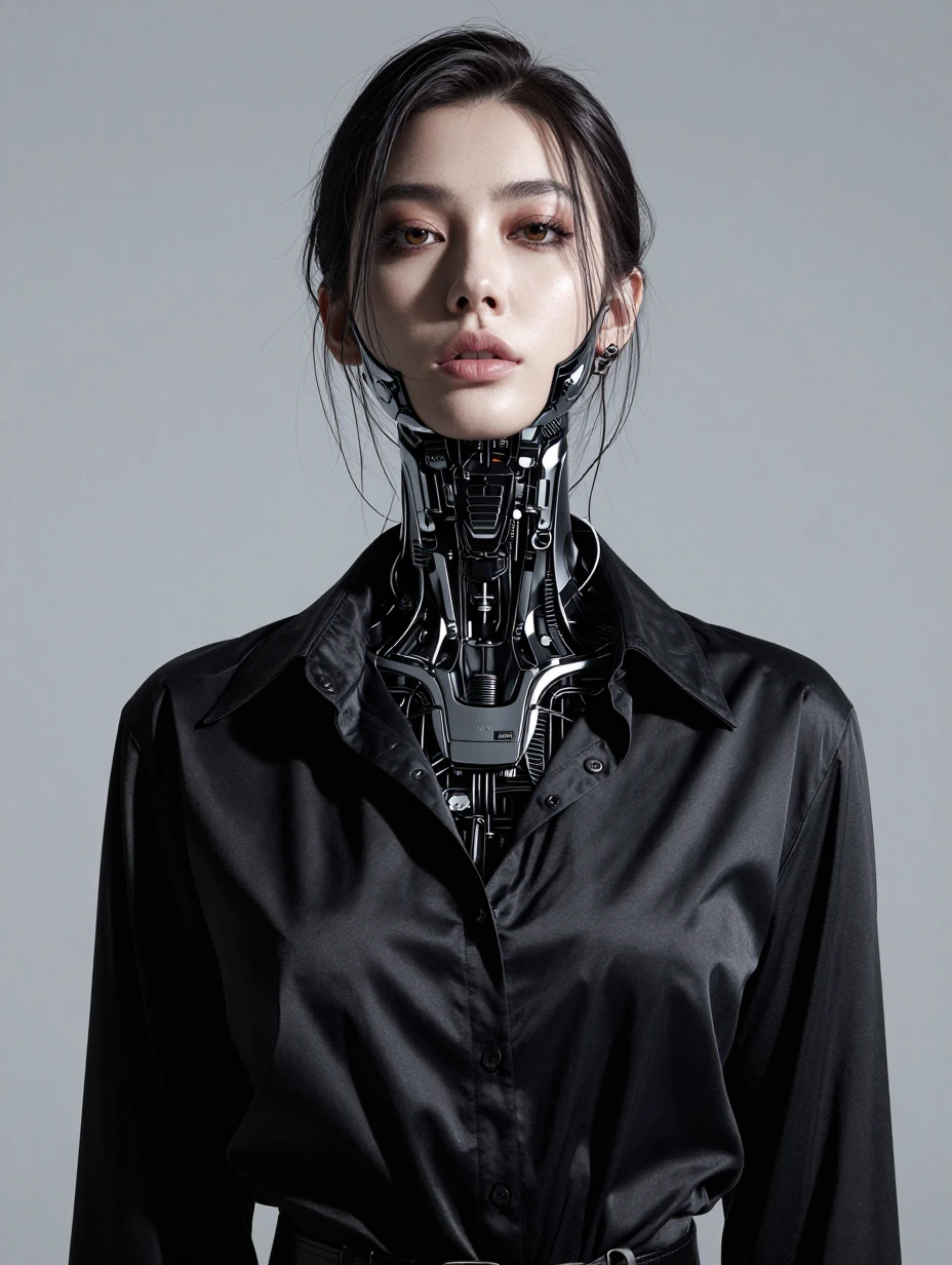photorealistic fashion front shot of a cyborg woman with subtle black electronic pieces, looking at the camera with a black satin shirt, studio photography, monotone illumination, mid grey background, Hasselblad 60mm lens