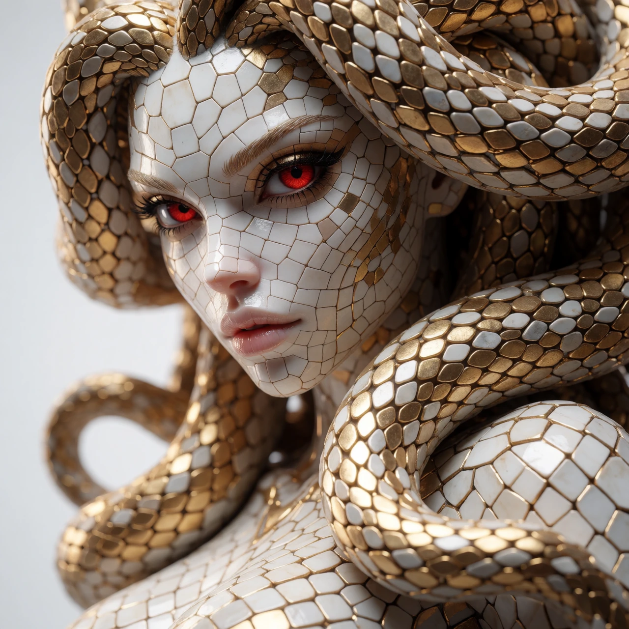 Hyper-detailed close-up portrait of a snake-like female figure entirely composed of fractured ceramic/porcelain shards and woven metallic gold segment