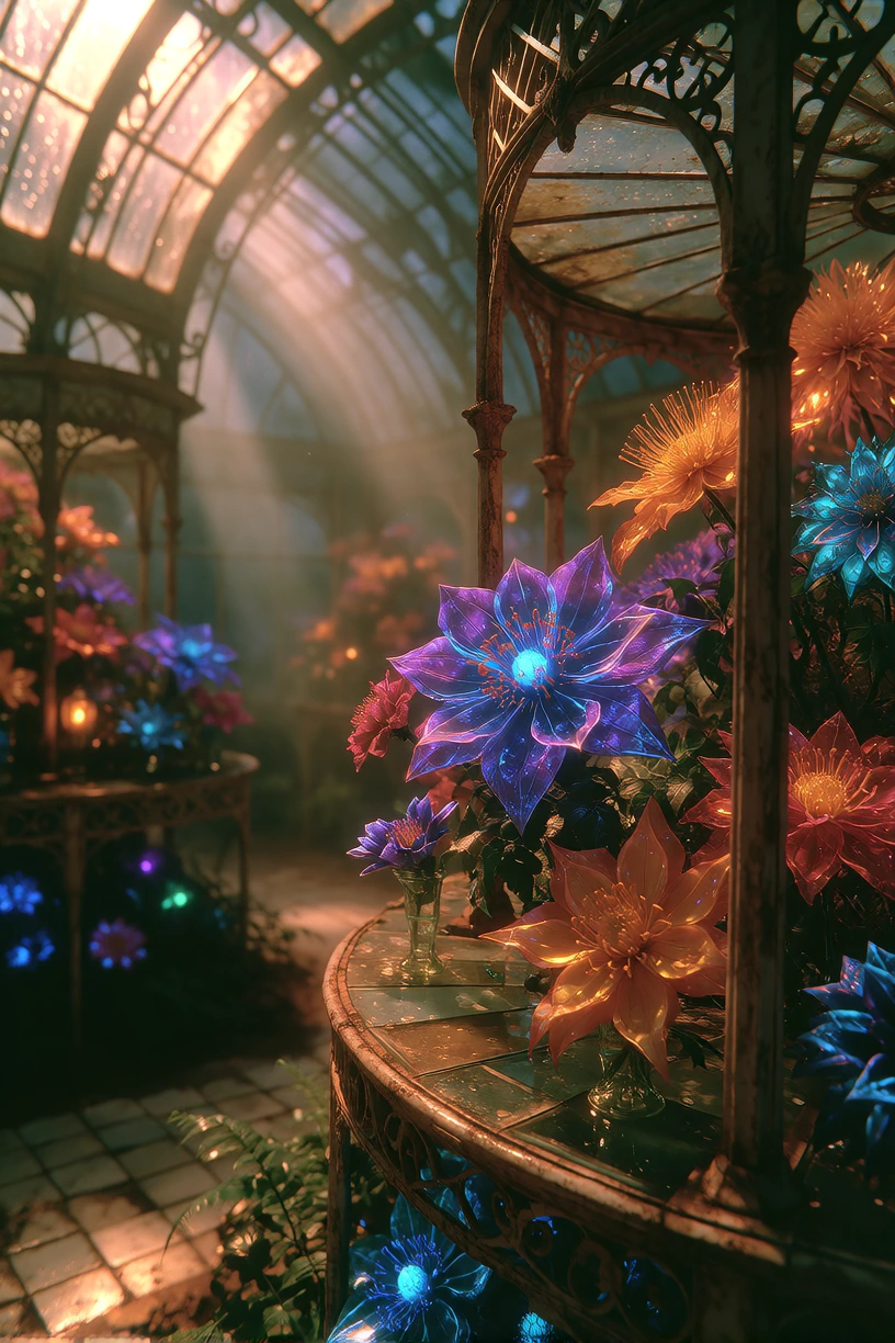 Interior of a Victorian ironframe greenhouse suffused with volumetric amber light, extinct flowers in impossible bioluminescent huesdeep violet, elect
