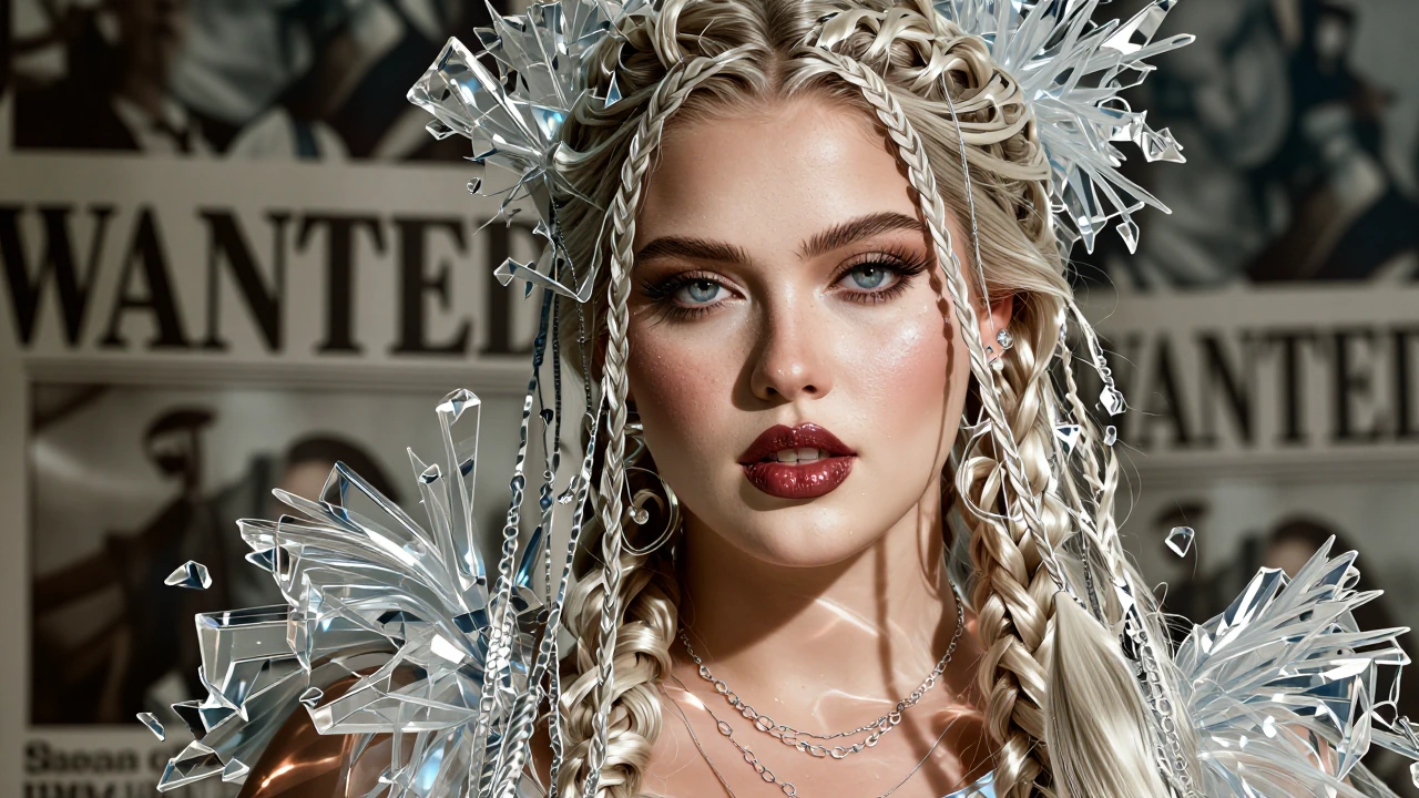 UK plus-size supermodel, high fashion, updo, bright makeup, confident, glossy lipstick, long blond many braids hair, azure eyes, 20 years old, facing camera, BACKGROUND a "WANTED" poster