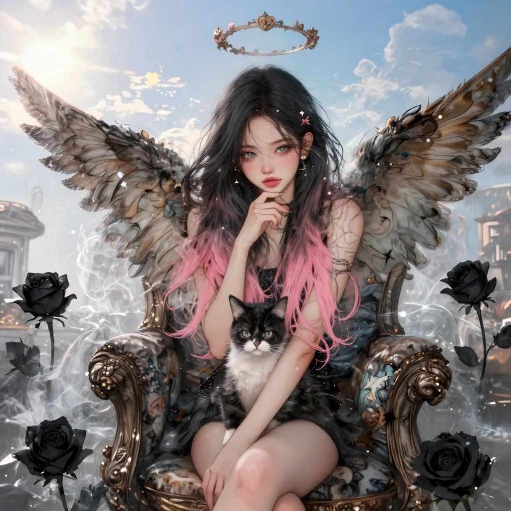 Beautiful starlet angel with black and pink ombre hair in BLACKPINK aesthetic, posing with a cat, surrounded by swirling artistic elements, luxurious art seat decor, under sunny bright skies, hot water steam effects, and black roses everywhere