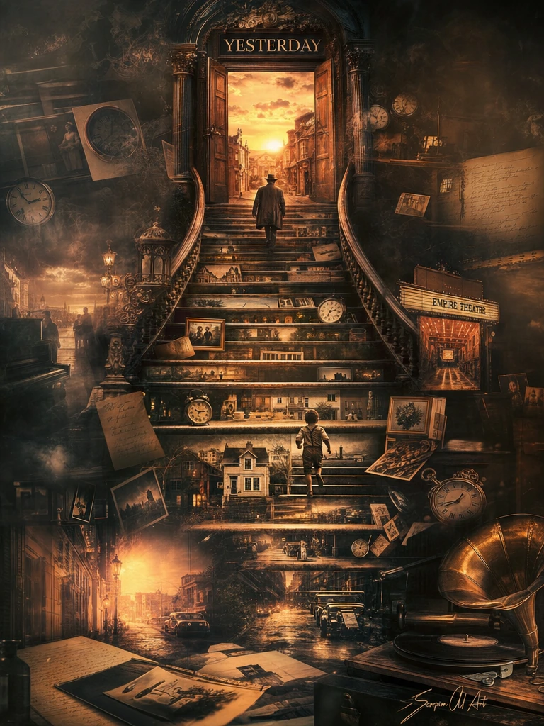Create a hyper-realistic cinematic double exposure masterpiece of a mysterious staircase that defies time, where every step leads deeper into memories and the final stairway ends in the world of yesterday. A grand ancient staircase rises through a dr