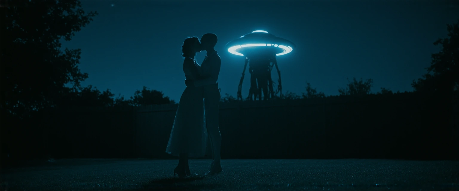 Cinematic keyframe in an avant-garde 1940s-1950s film still style. A beautiful white woman in an elegant form-fitting 1950s dress stands in her suburb