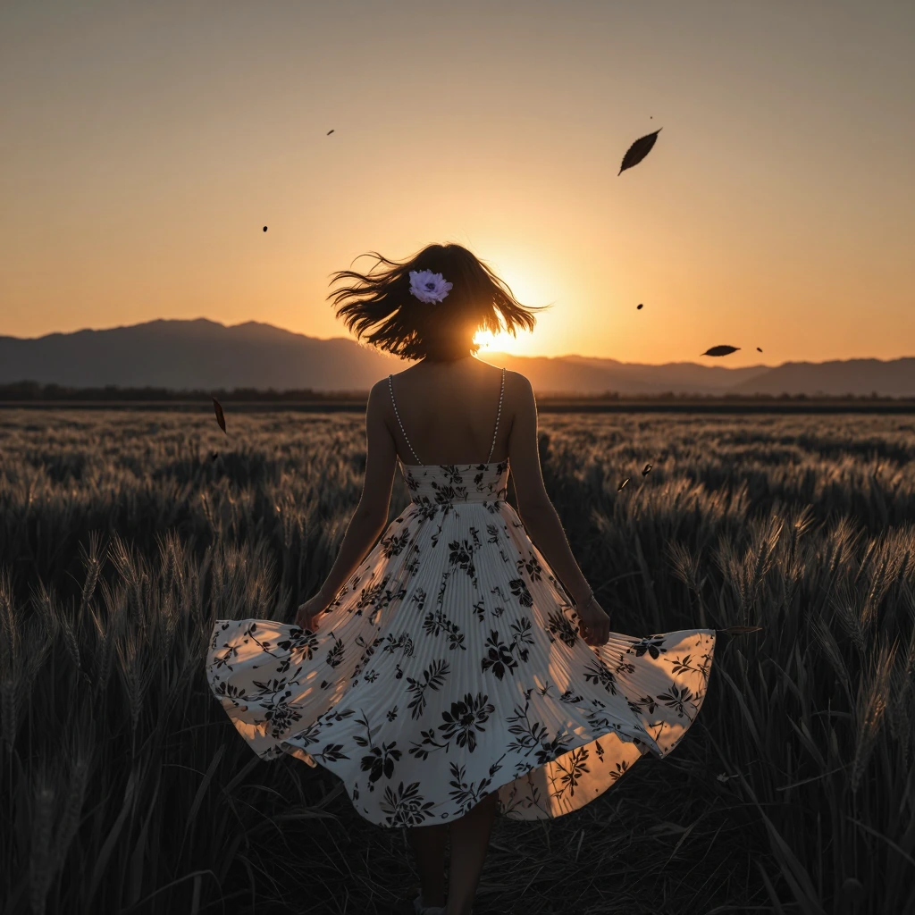 masterpiece, best quality, amazing quality, (monochrome:1.5), (diffraction spikes:1.3), 1girl, solo, short hair, orange hair, windblown hair, hair ornament, flower in hair, from behind, summer dress, pleated dress, white dress, spaghetti strap, flora