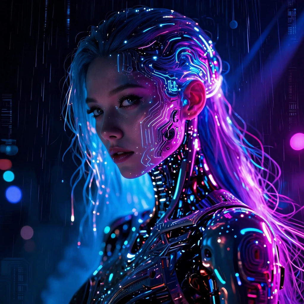 A stunningly beautiful cyborg woman with porcelain skin and mesmerizing eyes, neon-lit neural pathways glowing beneath translucent synthetic skin, int