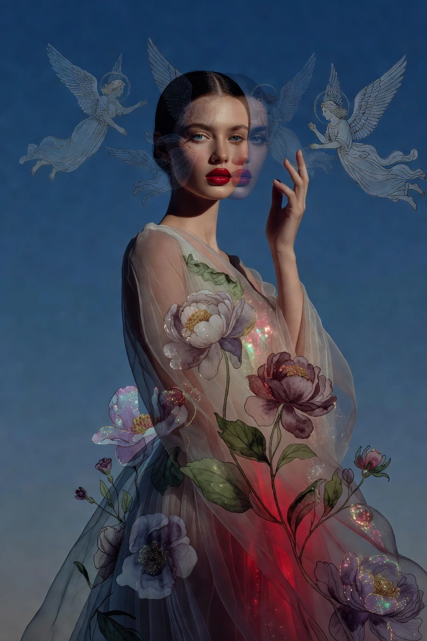 Double exposure photo of model with dark hair pulled back, red lips, blue eyes, her face in high contrast blending with sky, hand drawn seraphim in th