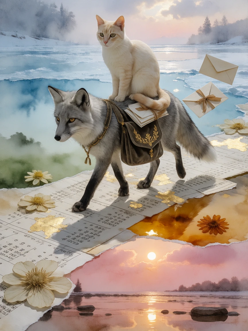 A breathtaking surreal art piece of a silver-gray fox as an ancient courier delivering letters between seasons, crossing a moonlit causeway made of floating calendar pages and pressed flowers. The world is divided into drifting layers: icy blue winte