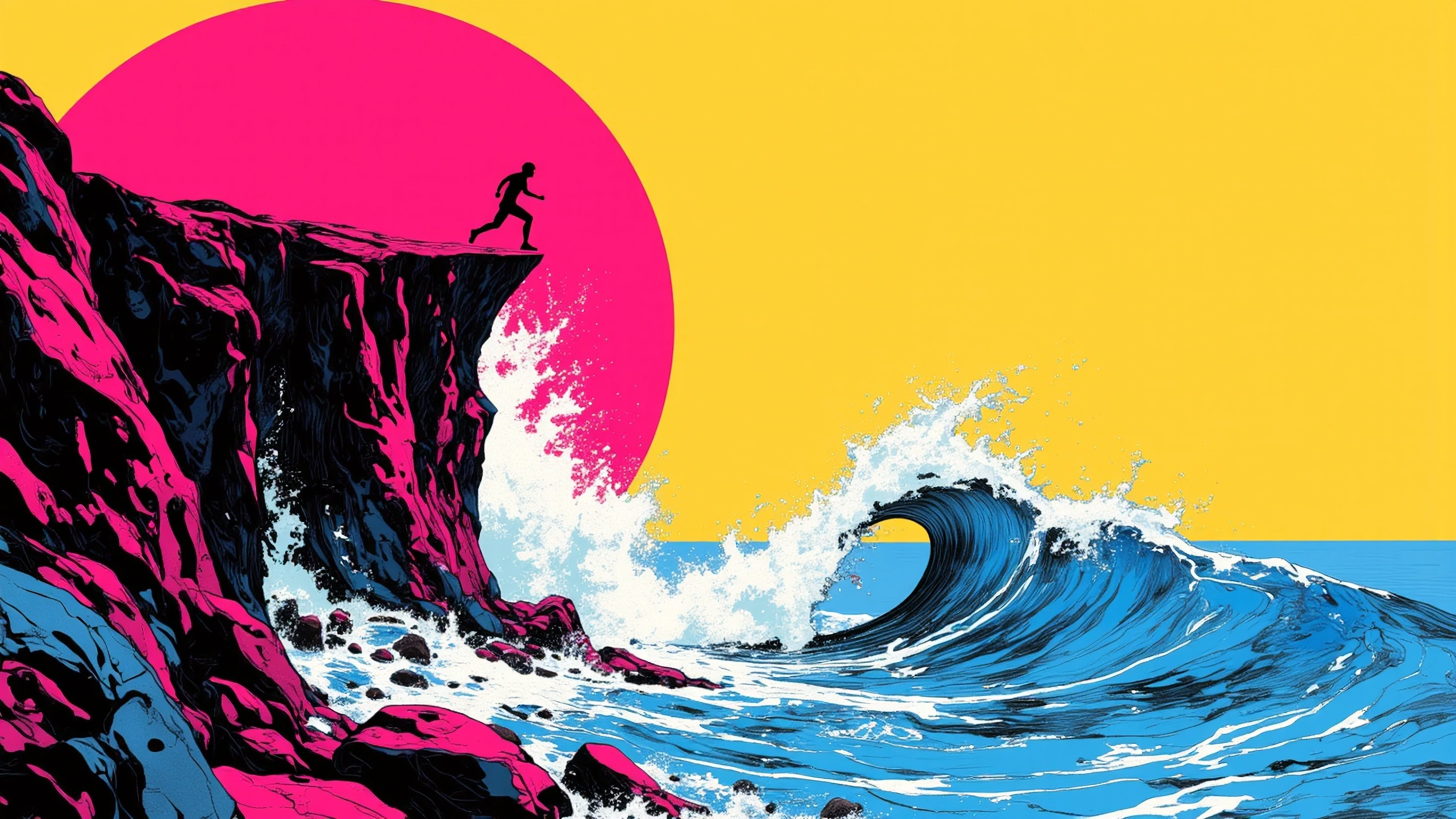 16:9 widescreen, a lone figure sprinting the lip of a jagged magenta cliff, body in a long violent stride, and the crashing cobaltwhite wave below is 