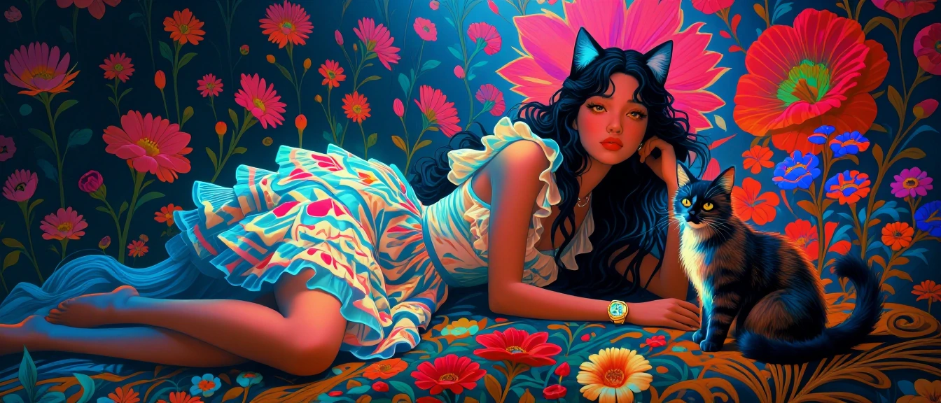 Woman in a frilly minidress and flowers . Cat nearby, All neon