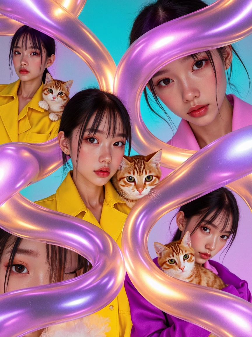 Create a futuristic square fashion composition where photos appear embedded inside flowing ribbon-like curves crossing the canvas. Multiple stylish women in different poses and colorful outfits. Rich gradients of purple, turquoise, gold, and blush pi
