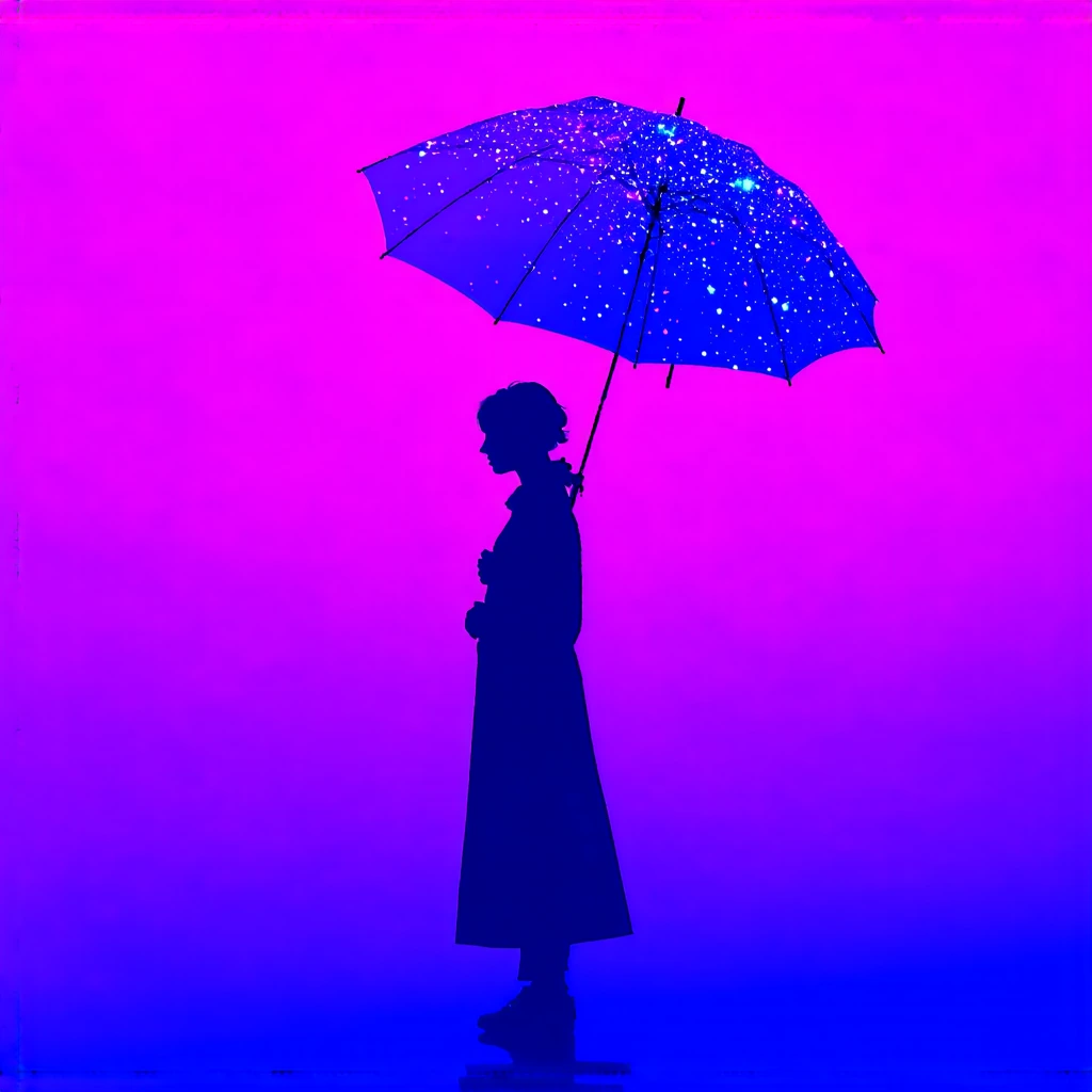 A solitary female figure, rendered in a vibrant digital illustration style. She holds a large, stylized umbrella, its canopy a constellation of geomet