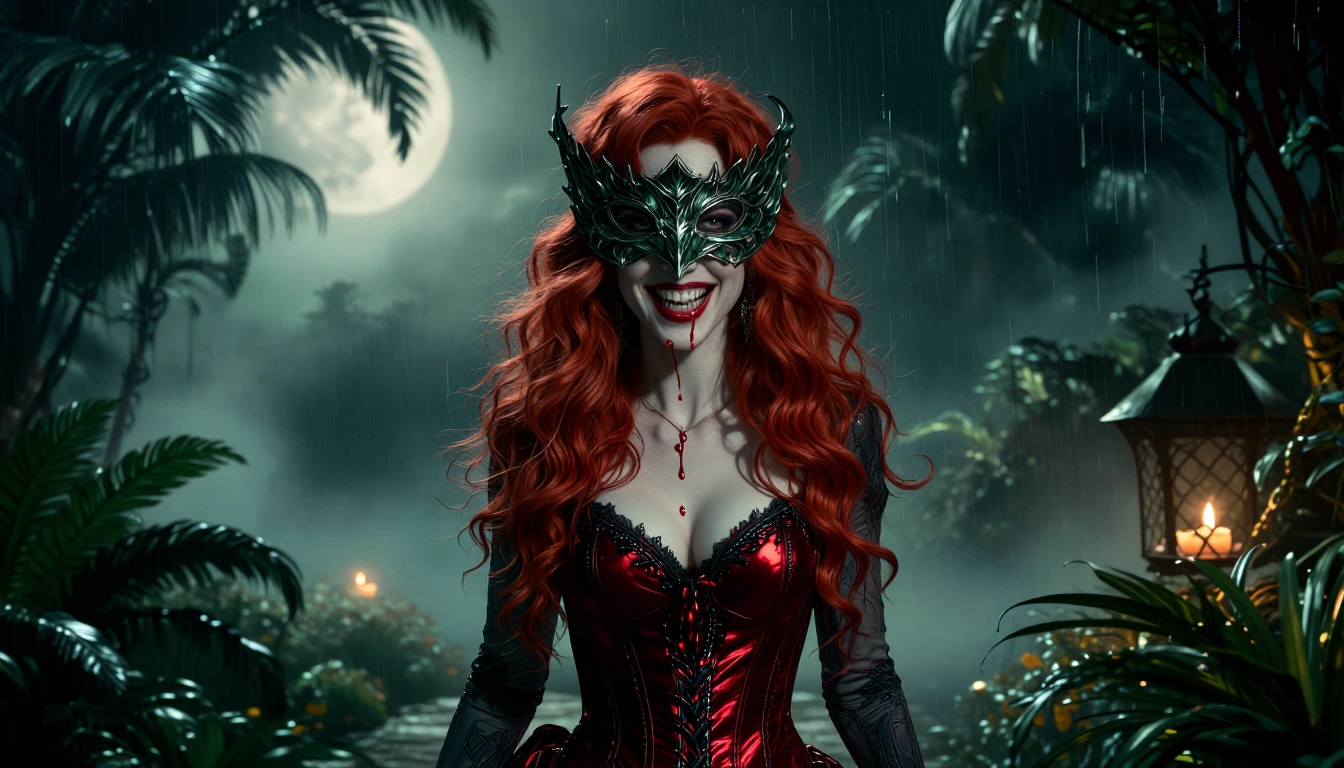 In the misty gardens, The beautiful mysterious masked redhead walks slowly and seductively towards the camera. Under the light of the full moon she removes her mask revealing a flawless face of unsurpassed beauty. "I will love you forever!" Then her 