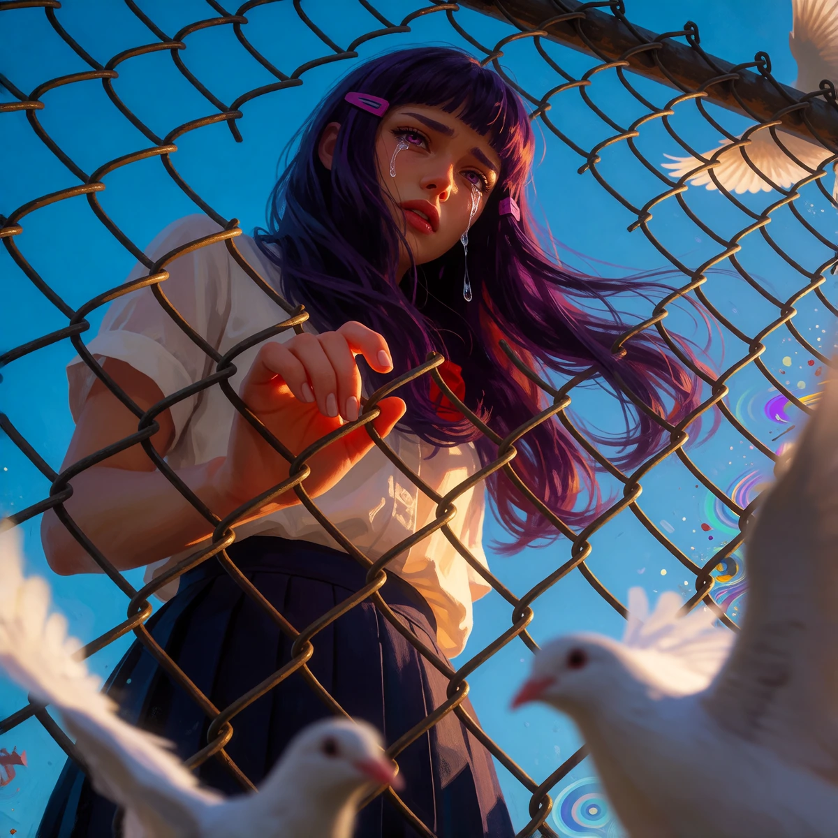 A low-angle shot looking upward through a chain-link fence that fills the immediate foreground, its diamond-shaped wire pattern large, sharp, and in focus, tinted with a prominent bright blue tone. The fence occupies the bottom third of the frame, an