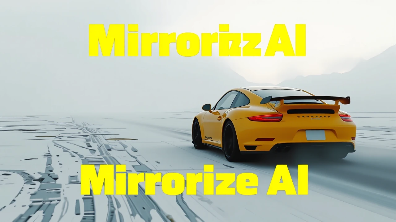 Desolate white desert, atmospheric haze, desaturated color, neon fog, a yellow sports car in motion, monochrome with color glitches, yellow color spla