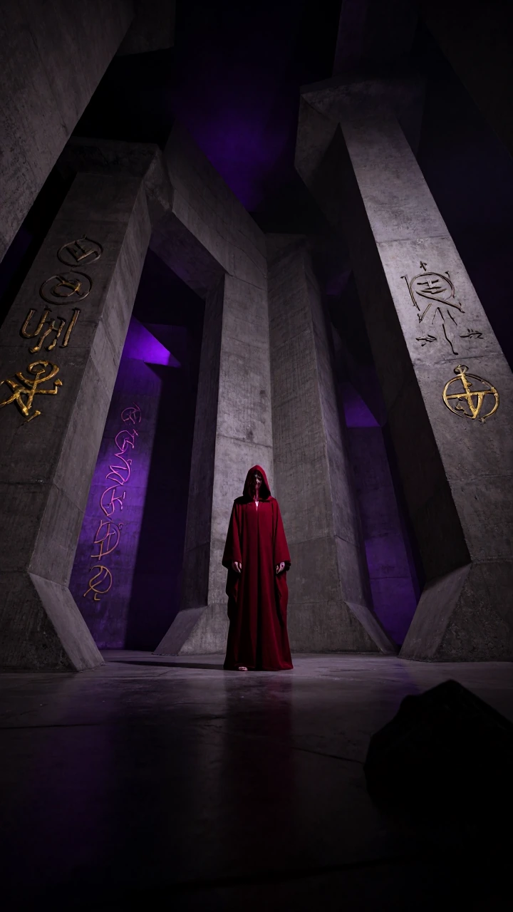 A figure in deep crimson robes standing in a brutalist concrete chamber, surrounded by towering geometric pillars and harsh shadows. Eldritch symbols carved into the walls glow with sickly purple and gold light. The air feels thick, ancient, wrong. C