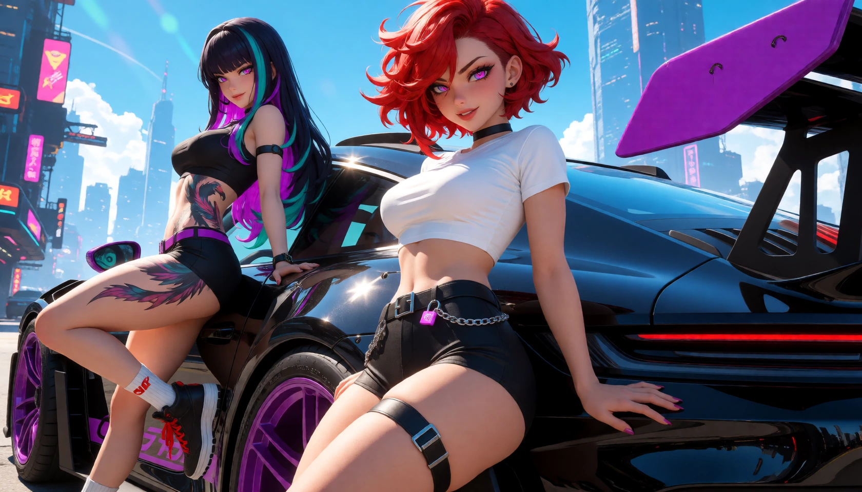 Masterpiece, best quality, ultra-detailed 8K cinematic anime render, Rory Phoenix and Red Fever leaning against Rory’s black Porsche 911 GT3 RS on a bright sunny cyberpunk city street. Red Fever (right, main focus): short voluminous crimson red bob w