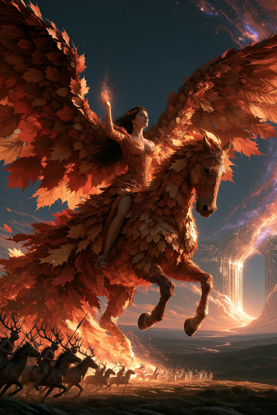 A warrior queen with dark hair bound in a golden-orange twisted cord, bronze skin luminous against a twilight sky, rides a horse whose wings are rendered as massive autumn leaves—burnt orange, deep crimson, golden amber—feathers overlapping like scal