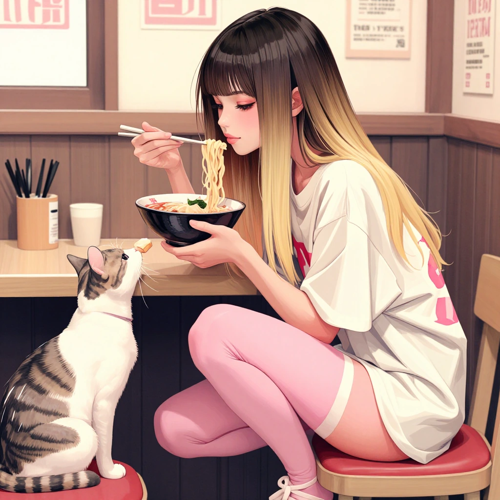 A beautiful woman with long straight ombre hair in springtime colors, at a ramen cafe with a cat, watercolor manga style, beautiful pose. Oversized t 