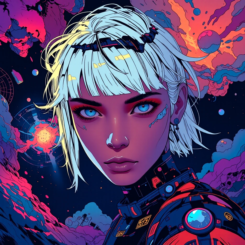 a young adult woman with a choppy white mullet, blue eyes, in vast deep space, saturated nebulas,