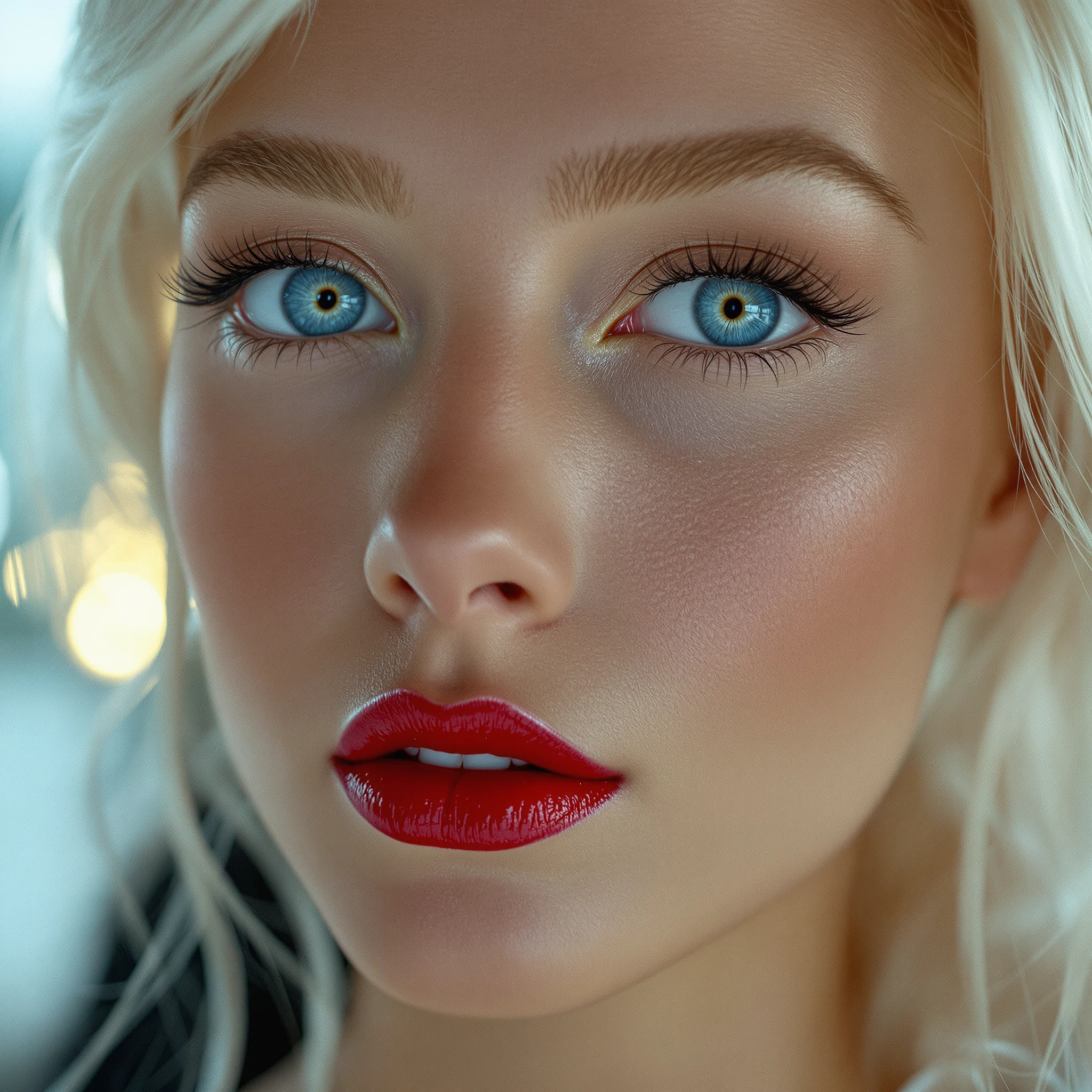 angular facial structure with prominent cheekbones and defined jawline, feline-shaped blue eyes with piercing gaze, full lips and refined nose, luminous skin texture, platinum blonde hair, high-fashion editorial aesthetic, female, radiant smile, crim