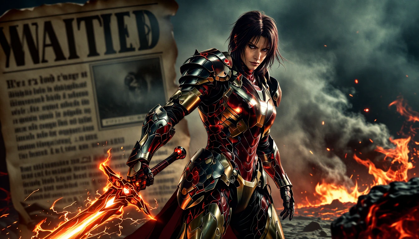 Background a "WANTED" parchment poster: A menacing female knight, reimagined as a dark fantasy version of Iron Man, stands triumphantly atop a volcanic battlefield She is clad in jagged obsidian tech-armour, with crimson energy coursing through the c