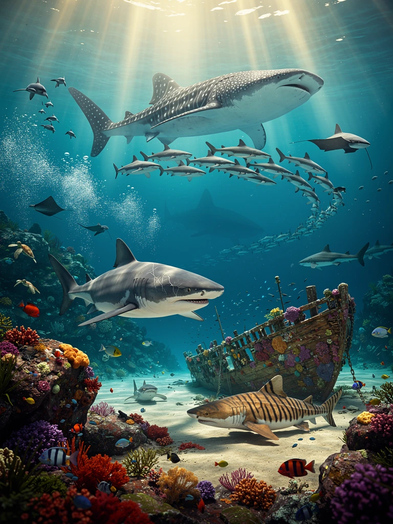 A breathtaking underwater ocean sanctuary where the iconic sharks of the week share the same vast ecosystem in perfect harmony. A majestic whale shark glides gracefully through crystal-clear tropical water as a large school of scalloped hammerhead sh