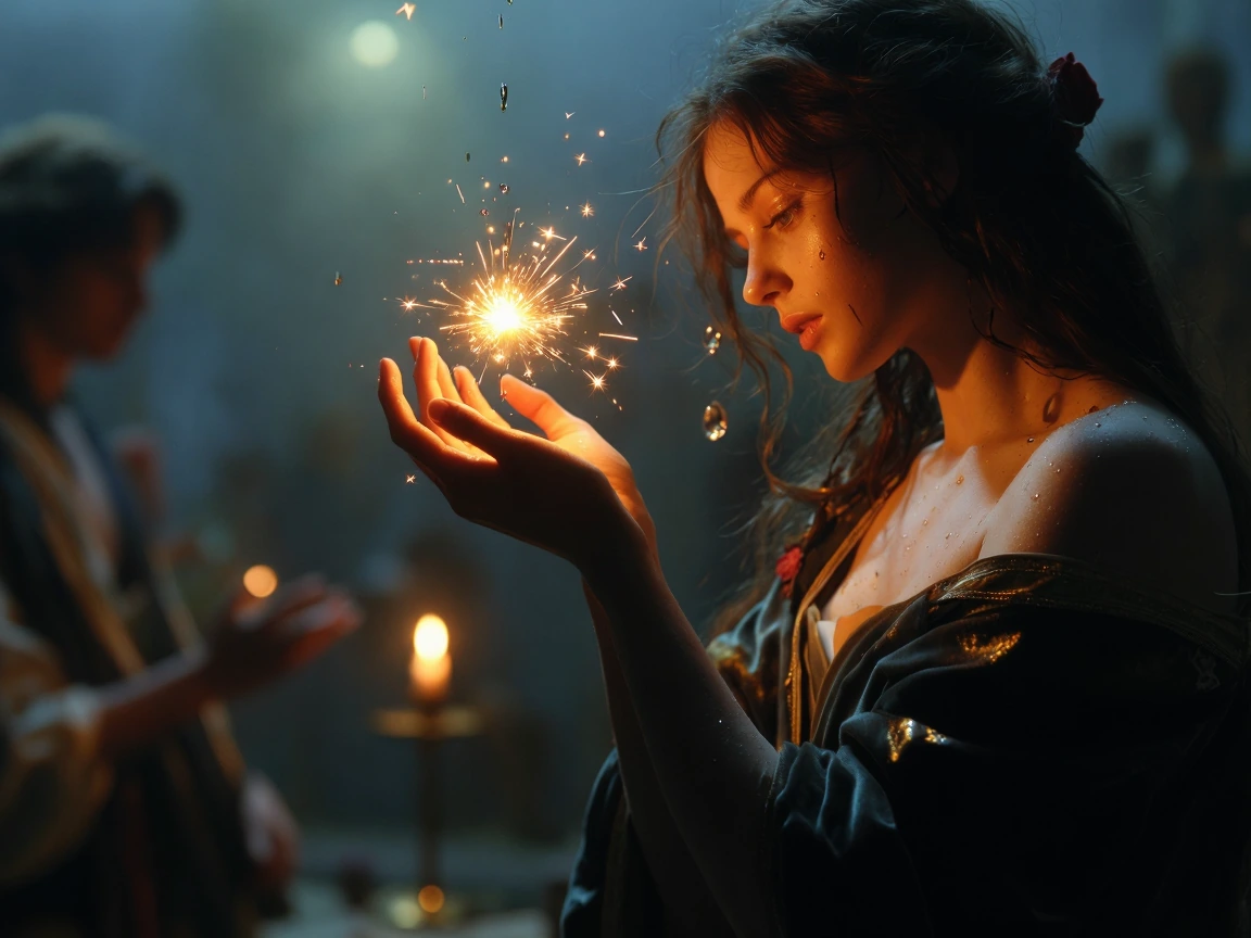 A luminescent spark igniting in darkness, crystalline water droplet suspended mid-fall catching golden light, ethereal woman with flowing hair and tender gaze, soft romantic atmosphere with warm amber and cool sapphire tones, intimate tender moment b