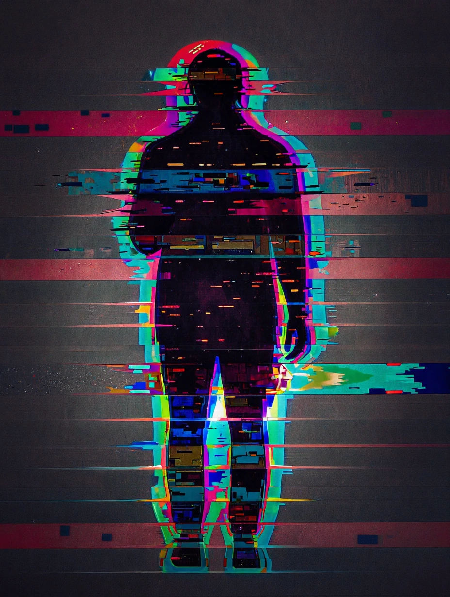 vertical portrait illustration, glitch art style, human silhouette, extreme horizontal scan lines, digital interference patterns, jagged fragmented ba
