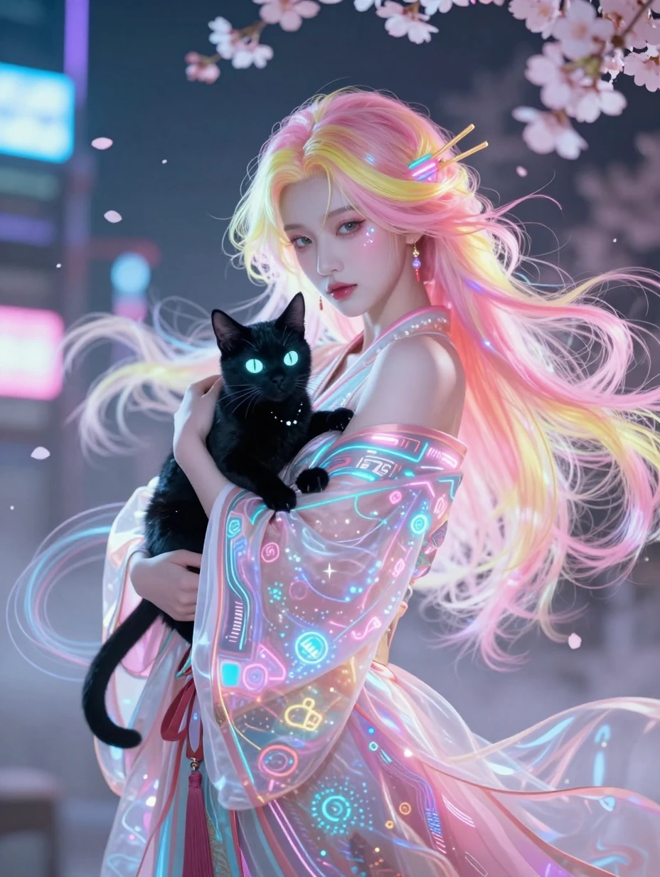 Ethereal cyberpunk geisha with luminous pink and golden yellow ombre hair cascading in silky waves, striking elegant pose, porcelain skin with subtle 