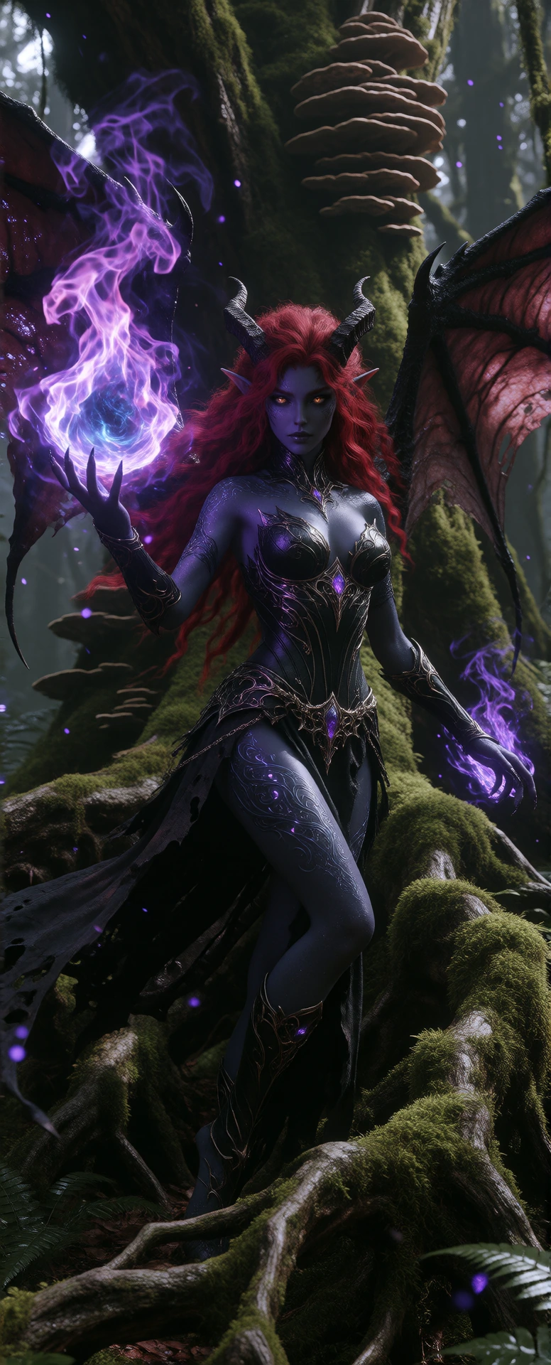 ​A highly detailed, photorealistic, cinematic fantasy photograph of a beautiful and fierce female demon-sprite. She has deep charcoal-purple skin with intricate, subtle silver and grey filigree patterns, wild, flowing crimson-red hair, curved dark ho
