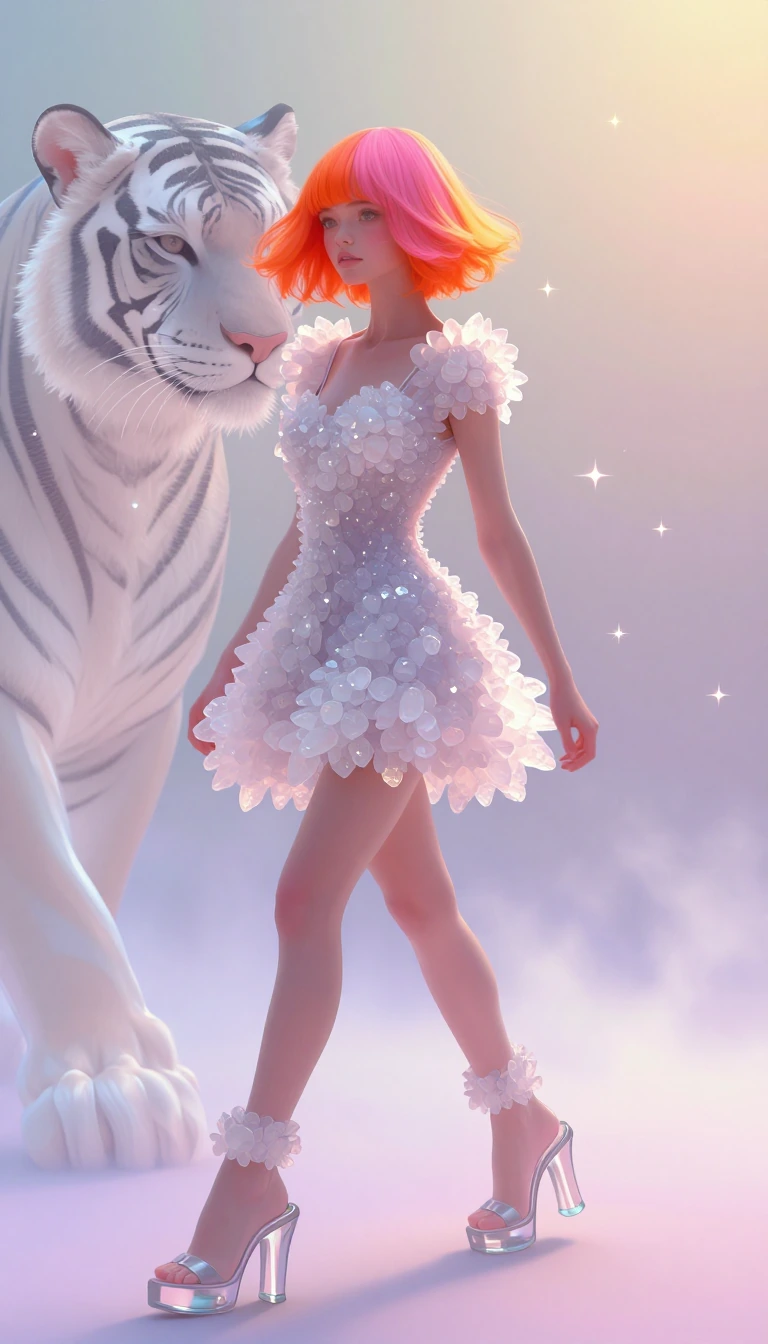 A beautiful woman with bright orange and pink bob hair, wearing a mini dress made completely out of rock candy crystals. Light pastel shades, extra ta