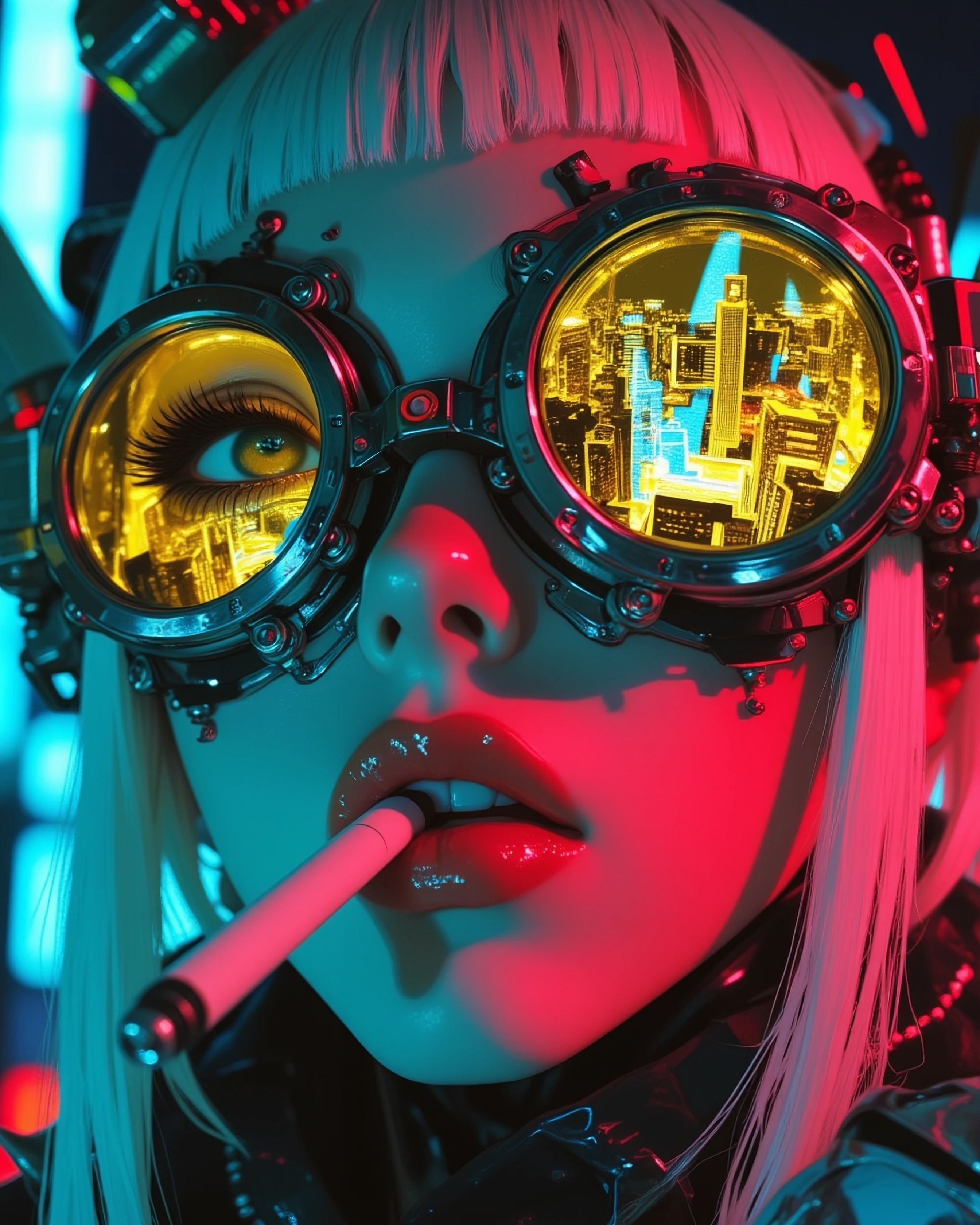 Ultrastylized cyberpunk fashion closeup portrait, tight crop on one eye and mouth, person wearing futuristic industrial goggles with reflective metallic frame, visible screws and bolts, yellowtinted lenses reflecting a neon cityscape pattern of multi