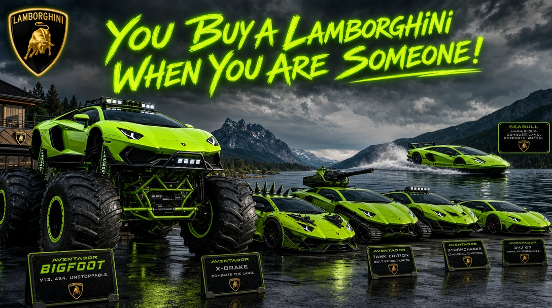 Custom Lamborghini Aventador Bigfoot Truck Hybrid in Neon-Green parked beside a series of other custom Lamborghini's with crazy features, on a nearby lake an amphibious Lamborghini powers across the lake. Tagline: "You Buy A Lamborghini When You Are