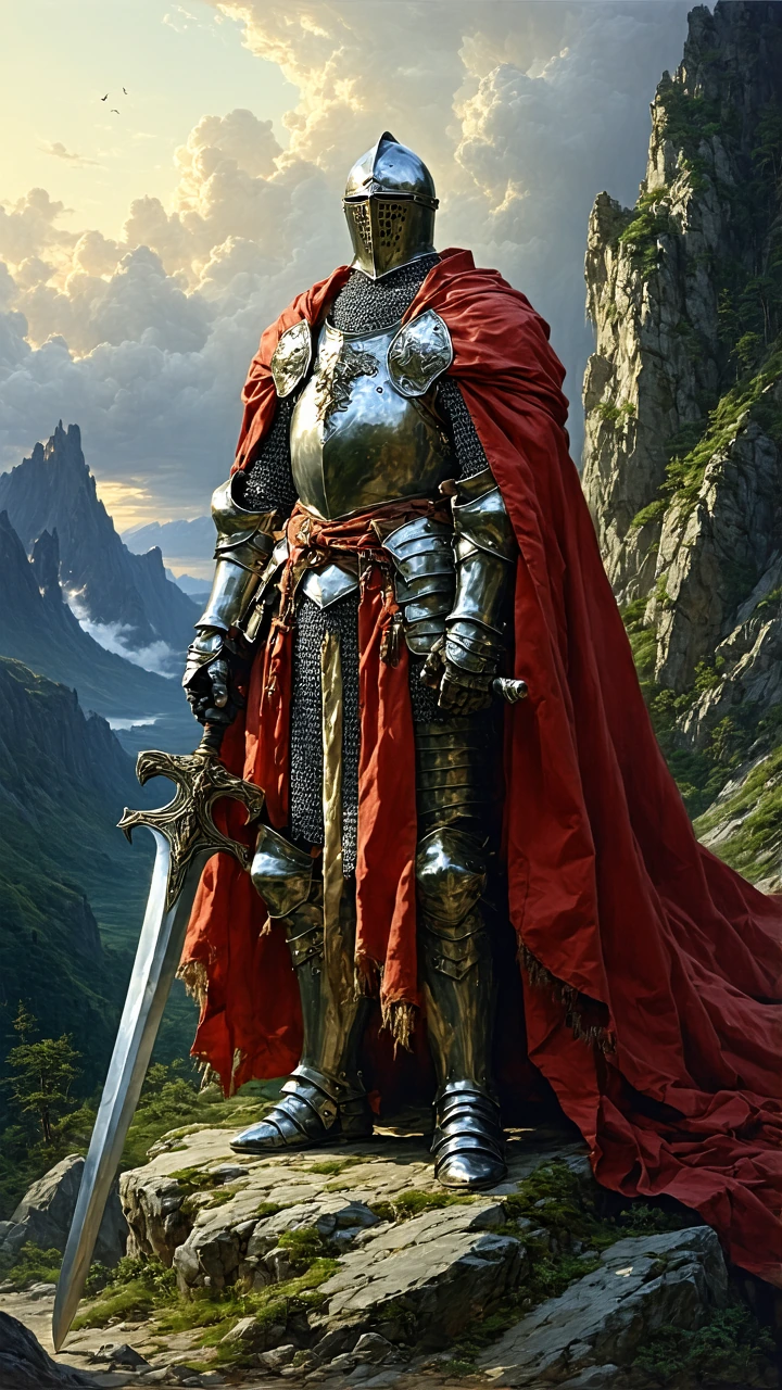 Classic Larry Elmore highfantasy bookcover illustration, 1980s1990s TSR / Dragonlance oilpainting style, heroic figurative realism, rich saturated color, warm golden hour and amber rim light, painterly brushwork with visible strokes on fabric and sky