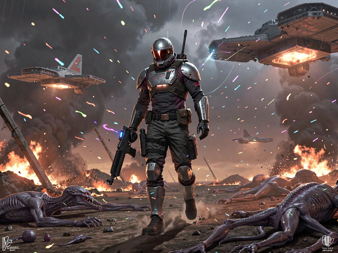 a futuristic human warrior armed with futuristic guns walking through a battlefield, scorched earth, weird illuminated particles flying around, dark atmosphere, remains of aliens scattered all over the battlefield, burning spaceships,