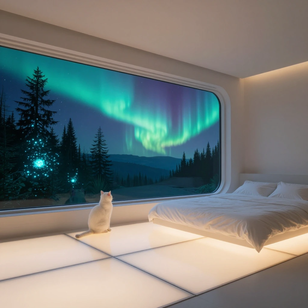 Minimalist zen-futuristic bedroom in 2099 with soft-glowing floor panels, a serene white cat sitting by a panoramic curved window overlooking bioluminescent forests and aurora-lit skies in jewel tones