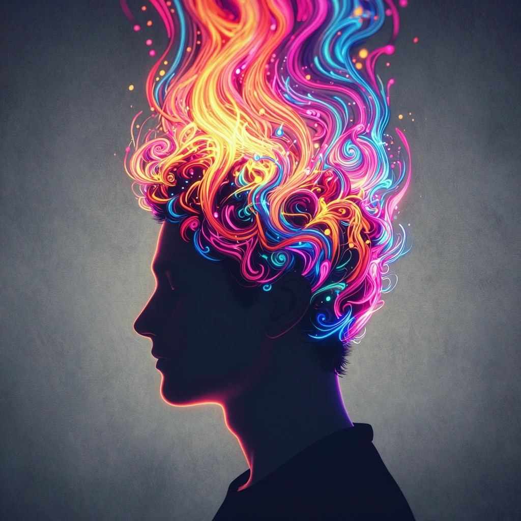A profile silhouette of a person's head with vibrant, abstract, swirling energy erupting from the top, detailed with intricate lines and glowing parti