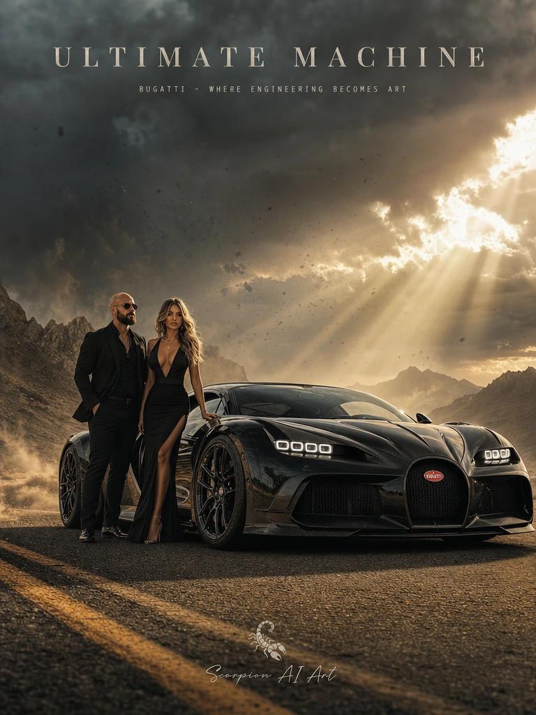 BUGATTI 🖤 Theme: Ultimate Machine Create an awe-inspiring hyper-realistic cinematic masterpiece featuring an ultra-exclusive Bugatti hypercar dominating an isolated desert highway beneath a colossal brewing storm. The vehicle is the undisputed center